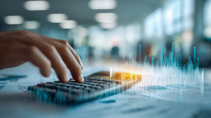 Fototapeta premium Person using calculator with financial charts overlay symbolizing analysis and data management in modern office environment with blurred background lights
