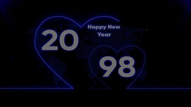 Happy New Year 1998 neon hearts on black background blue outlines