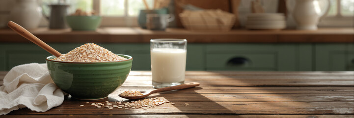 Dry oatmeal in a bowl, a glass of milk on the table in the kitchen