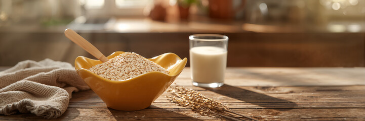 Dry oatmeal in a bowl, a glass of milk on the table in the kitchen