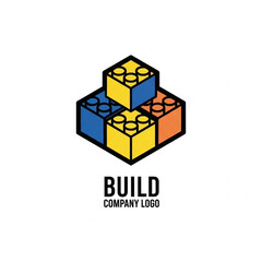 Isometric building blocks logo design with colorful construction pieces and 'BUILD' text on white background.