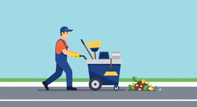 A male cleaner in blue overalls and cap pushing a cleaning cart with tools on a sidewalk beside debris