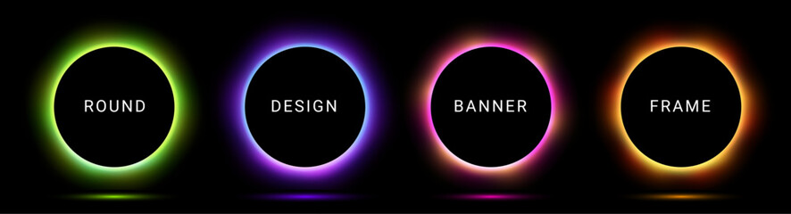 Neon glow light round background frame. 3d neon blue purple circle vector red ring button effect design. © kolonko