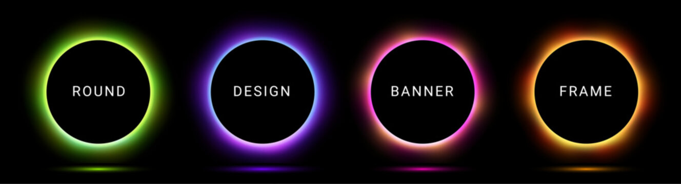 Neon glow light round background frame. 3d neon blue purple circle vector red ring button effect design.