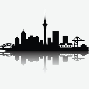 Auckland Skyline with Reflection. This vector illustration is ideal for travel guides, editorial layouts, branding materials, and presentations related to Auckland, New Zealand, or urban environments.
