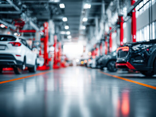 Interior view of a modern vehicle service center with multiple cars parked along red equipment columns and a polished concrete floor in bright lighting