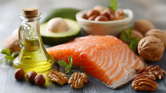Selection of Healthy Fats Salmon Nuts and Avocado