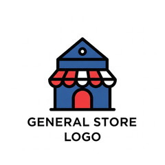 Simple vector icon logo of a blue and red general store building with an awning against a white background