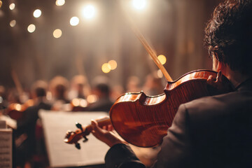 Fototapeta premium Violinist performing in an orchestra during a concert with warm stage lighting and a blurred background of fellow musicians and audience spectators