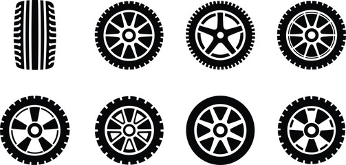 Car Tire Wheel Outline Icons Set Automotive Rim Tyre Vector Collection