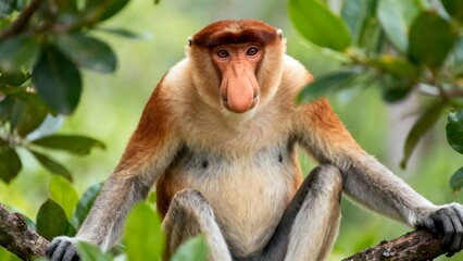 Naklejka premium Close-up portrait of a male Proboscis monkey sitting on a tree branch in its natural jungle habitat