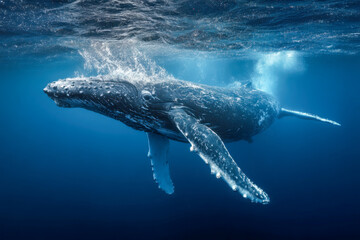 Fototapeta premium Majestic humpback whale breaching and gliding gracefully underwater in the deep blue ocean with sunlight illuminating its textured body surface