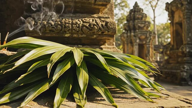 Offering with green leaves at ancient temple ruins in tranquil setting. Smoke rises gently from offering among stone structures and lush greenery surrounding temple.