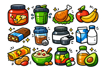 Colorful collection of fitness supplements and healthy foods.