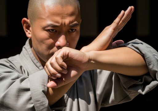 Close Up Of A Martial Artist Executing A Defensive Cross Block Technique With Sharp Focus And Determination