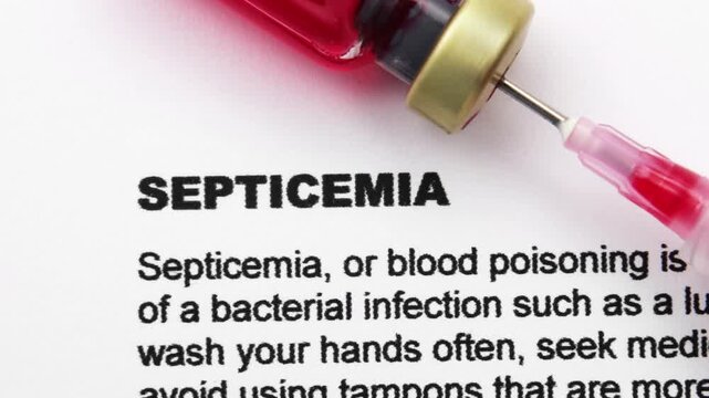 Medical Syringe Drawing Blood From Red Vial With Septicemia Warning On Paper