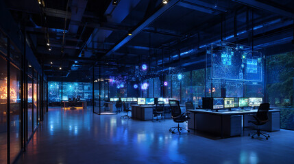 Modern Office Workspace Design with Advanced Technology and Bright Blue Lighting