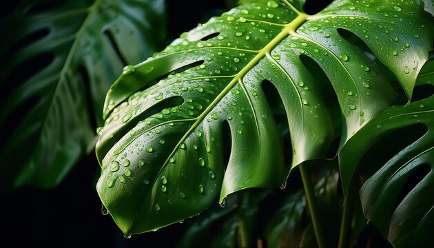large split leaf philodendron plant with water droplets