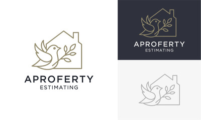 Logo designs for real estate company featuring bird and house outline in various color schemes and backgrounds