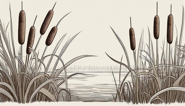 cattails sketch hand drawn wetland plants with tall leaves and water scene m stock