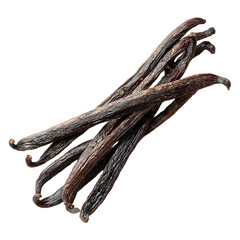 Realistic vanilla pods long brown aromatic sticks with natural texture detailed botanical photography isolated on pure white background high resolution professional st