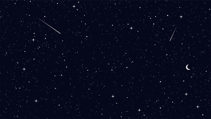 Dark blue starry sky with crescent moon and shooting stars. Celestial night background for astronomy, space exploration, and cosmic themes. © Shells