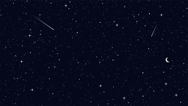 Dark blue starry sky with crescent moon and shooting stars. Celestial night background for astronomy, space exploration, and cosmic themes.