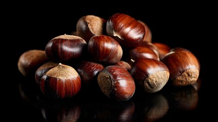 Obraz premium Fresh Ripe Chestnuts on a Reflective Black Surface