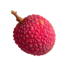 A single ripe lychee fruit with a rough reddishpink skin viewed slightly from above resting at a slight angle on a pure white background The lychees textured surface a
