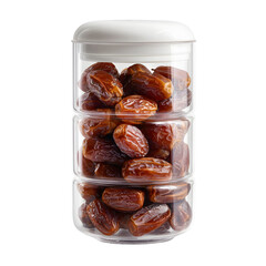 A stunning highend product shot A crystalclear plastic jar with a secure white lid showcasing luxurious royal dates The jars design features four elegant horizontal ti