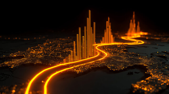 Glowing path symbolizing urban network and infrastructure growth