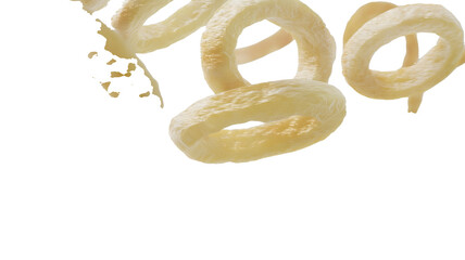 Stock style hyper realistic high quality photo surreal macro shot of onion rings floating in space circular repetition soft shadows minimalist dreamlike fast food aest