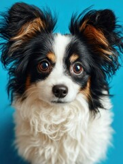 A Papillon dog is photographed with focused attention and expressive eyes on a solid blue background.