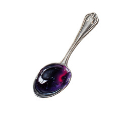 a watercolour illistration of a silver antique spoon holding dark purple syrup against a white background