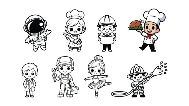 Eight cartoon characters in different professions on a white background