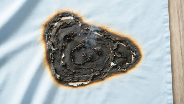 Irregular iron burn mark on light blue fabric showing detailed charred edges. Iron burn mark causes distinct surface damage where heat impacted.