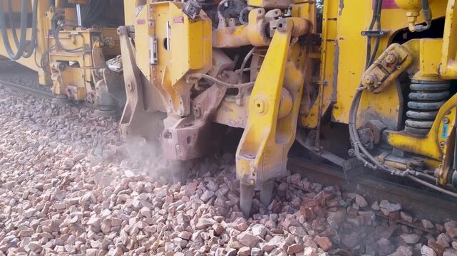 Close-up of a railway tamping machine working on track maintenance, leveling and aligning the rails and compacting the ballast beneath the sleepers to restore precise track geometry. Railway concept