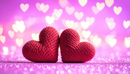Fototapeta premium Two knitted red hearts nestled together against a bokeh background of pink hearts