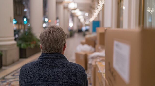 Ein entt&auml;uschter Bewohner bemerkt inmitten der hellen Einrichtung den Paketdiebstahl in der Lobby seines deutschen Wohnhauses und zeigt w&uuml;tend ein Foto des Lieferbelegs.