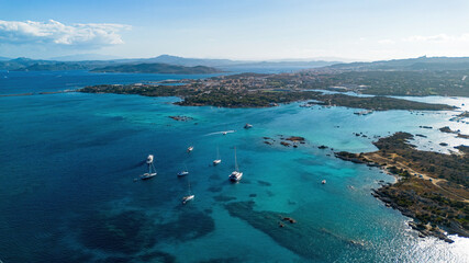 Aerial view of Capocchia d'u purpu beach (Testa del Polpo) and its iconic granite rock on Giardinelli island in La Maddalena archipelago, Sardinia, Italy © Alexandre ROSA