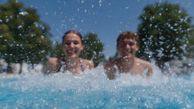 Fr&ouml;hliches Sommervergn&uuml;gen, Kinder planschen und springen im Pool
