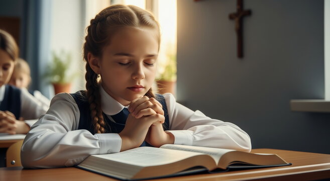 Young girl praying at a desk in a classroom. Schoolgirl with eyes closed and hands clasped over an open book. Religious education and faith concept