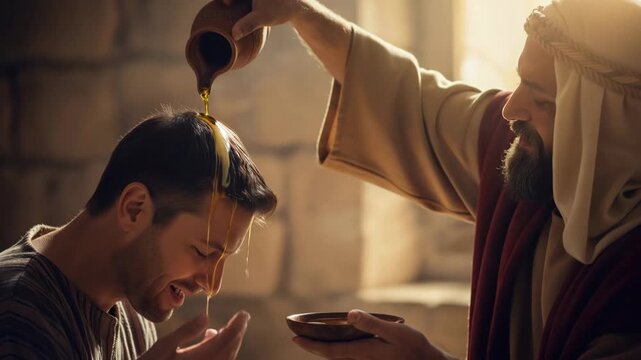 Biblical scene of a priest anointing a man with holy oil. Pouring golden liquid from a clay pitcher onto a head during a blessing ritual. Religious consecration and ancient ceremony concept
