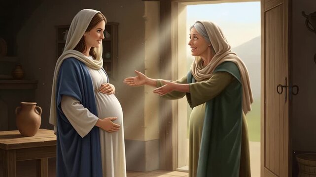 The Visitation of Mary and Elizabeth. Pregnant Mary greeting Elizabeth in a doorway with warm sunlight. Biblical scene of two expectant mothers. Christian faith and motherhood concept