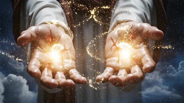 Hands of Jesus Christ with glowing stigmata wounds. Divine light and golden particles emanating from palms. Resurrection and miracle healing concept. Cinematic religious motion background