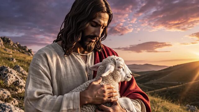 Jesus Christ as the Good Shepherd holding and stroking a lamb at sunset. Biblical man in a tunic and cloak caring for a sheep in a hilly landscape. Christianity and compassion concept