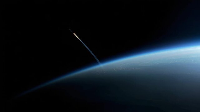 orbital view of rocket entering low Earth orbit, curved planet horizon beneath, thin blue atmospheric rim  4K
