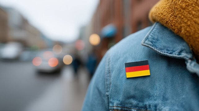 Tag der deutschen Einheit-Symbolik mit deutscher Flaggennadel auf Jeansjacke im urbanen Berlin-Ambiente