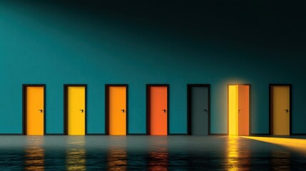 Obraz premium Exploring opportunities behind bright doors in a corporate hallway business environment visual concept motivational perspective