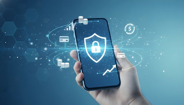 Mobile phone with digital security shield icon and network connections, concept of online protection and data privacy